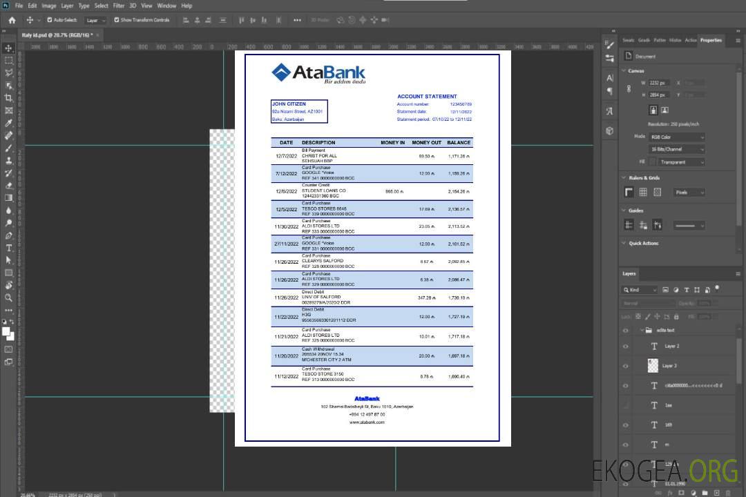 Relevé bancaire d'Azerbaïdjan AtaBank template Relevé bancaire d'Azerbaïdjan AtaBank template